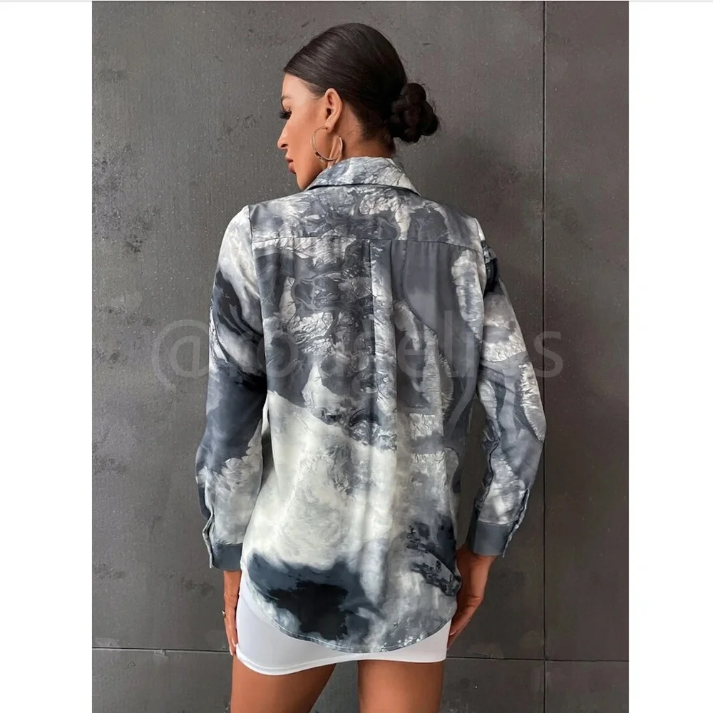 Abstract Marble Print Button Down Collared Long Sleeve Dress Shirt Top Grey - Picture 4 of 7